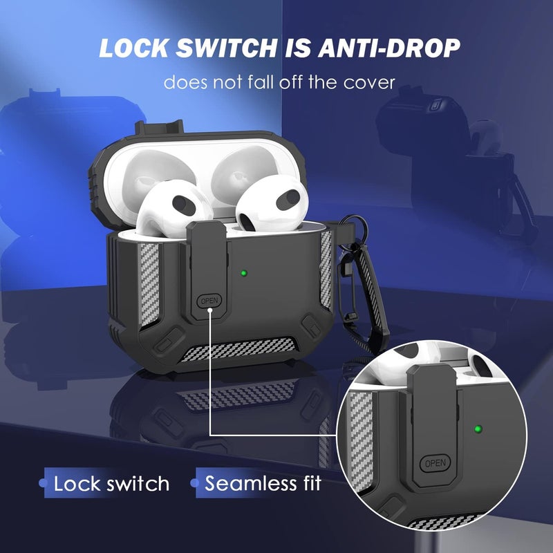 RFUNGUANGO for AirPods 3rd Generation Case Cover with Cleaner Kit, Military Hard Shell Protective Armor with Lock for AirPod Gen 3 Charging Case 2021,Front LED Visible,Black - Image 2